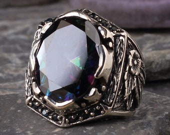 Anello da uomo in argento sterling fatto a mano con pietra preziosa topazio mistico, anello da uomo fatto a mano in argento 925k, anello in stile vintage, regalo per la festa del papà, regali per lui