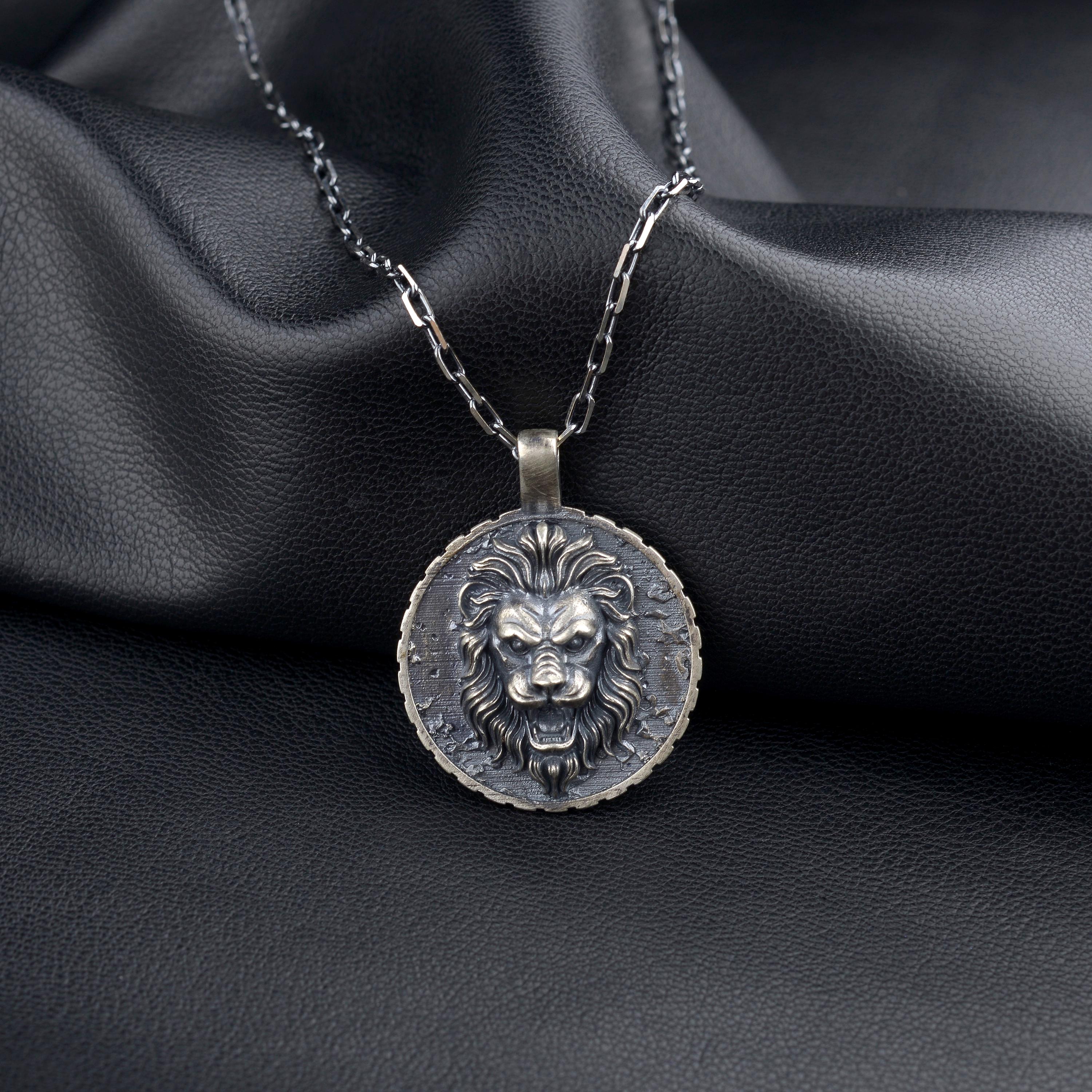 Lion Head Medallion Pendant Necklace , 925 Sterling Silver
