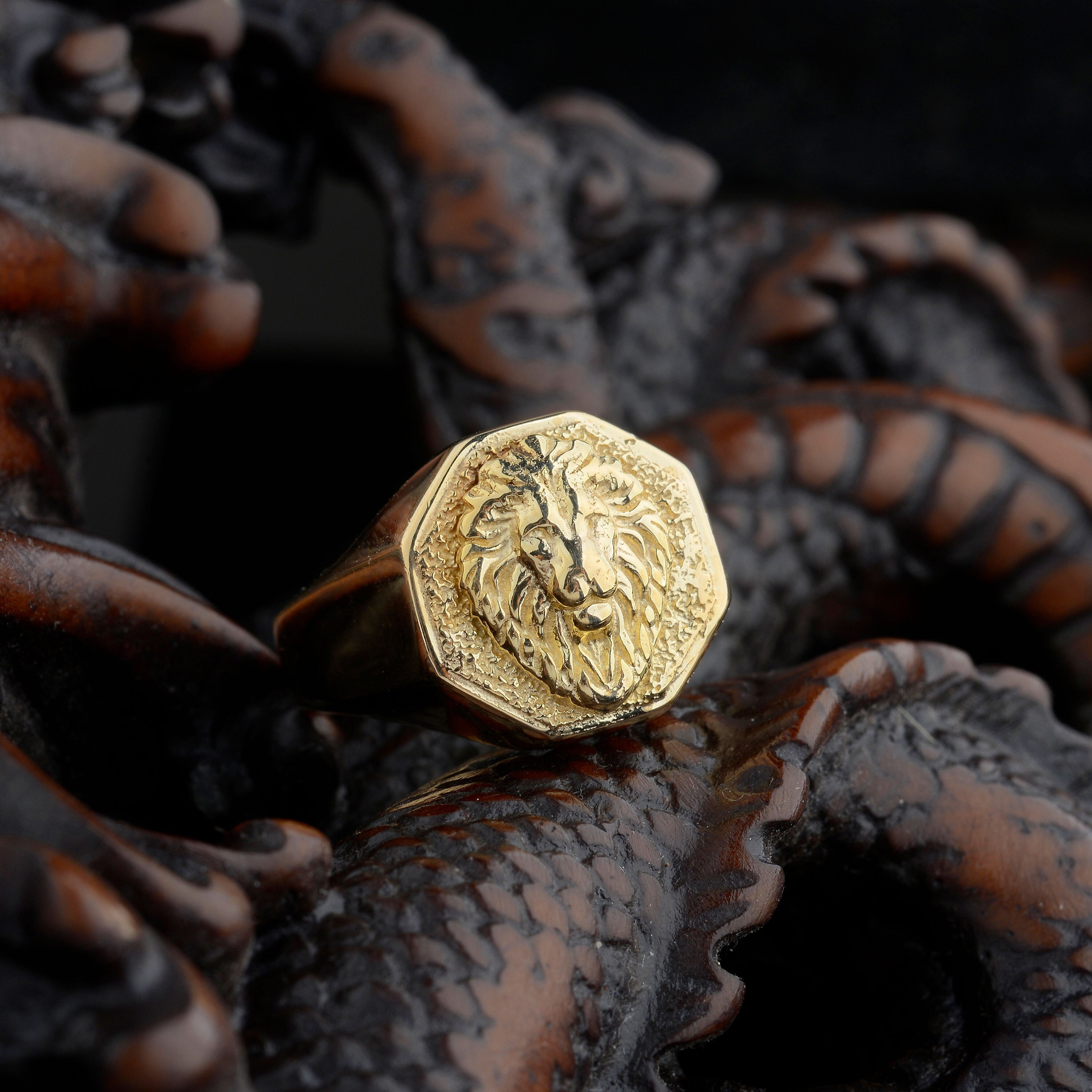 10K Gold Lion Signet Mens Ring, Lion Gold Jewelry, Lion Zodiac