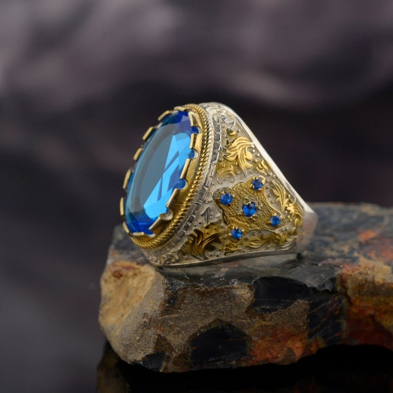 Men's Vintage Style Ring - Stainless Steel With Gold/Silver & Dark Blue Rhinestone 2 thumbnail image