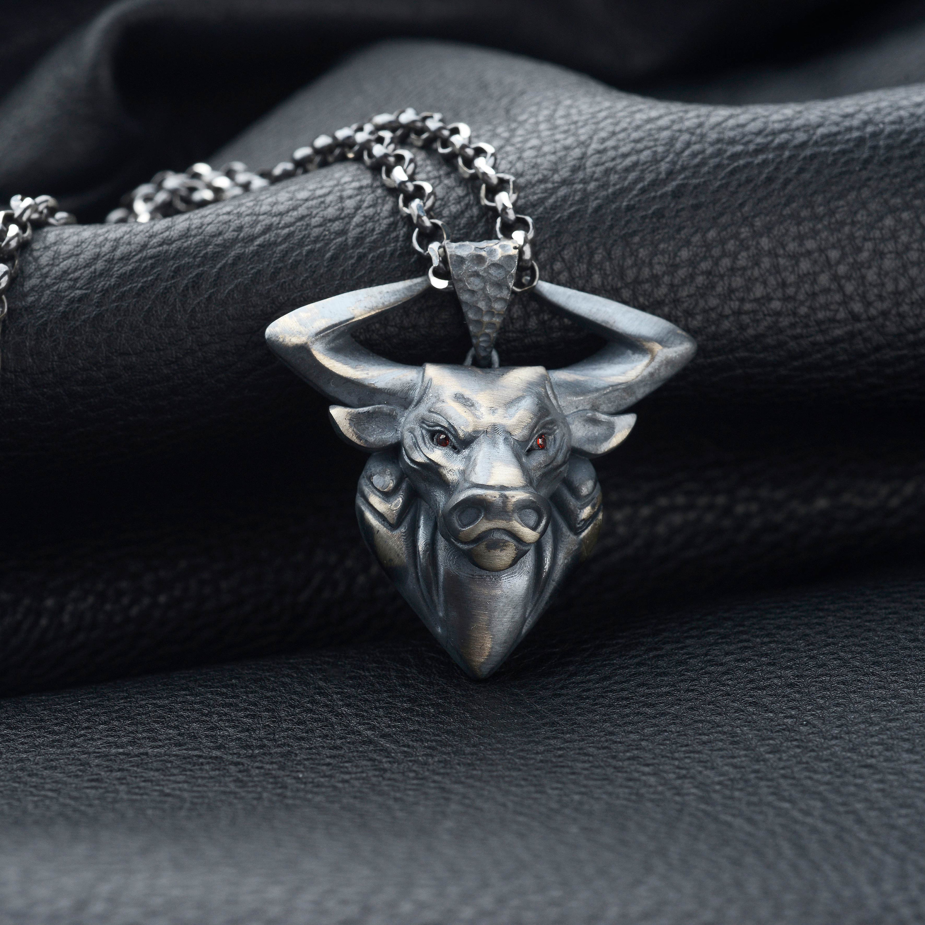 Sterlng Slver Bull Head Necklace - 3D Anmal Pendant Wth Oxdzed