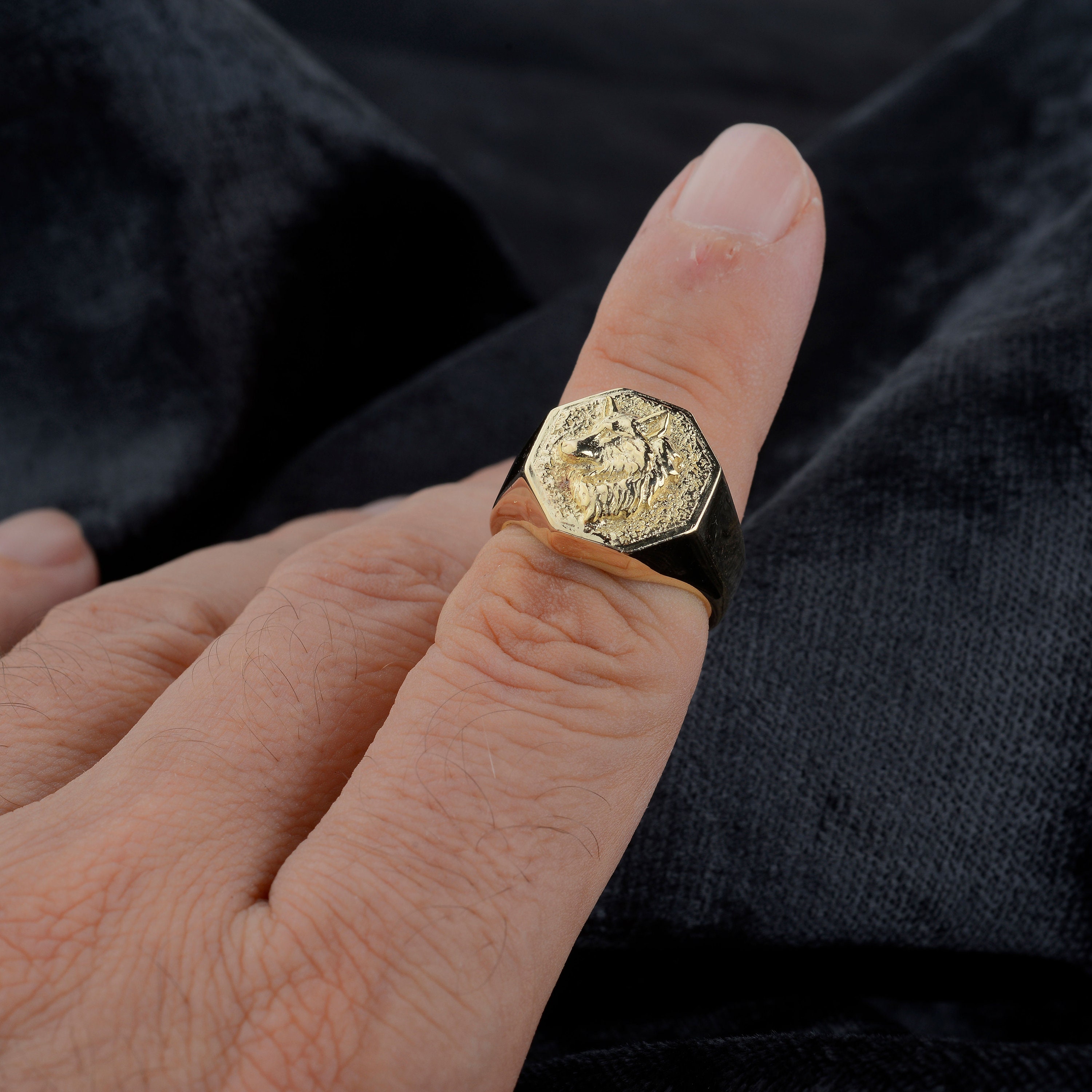 10K Yellow Gold Octagon Wolf Signet Mens Ring, Pure Gold Wolf