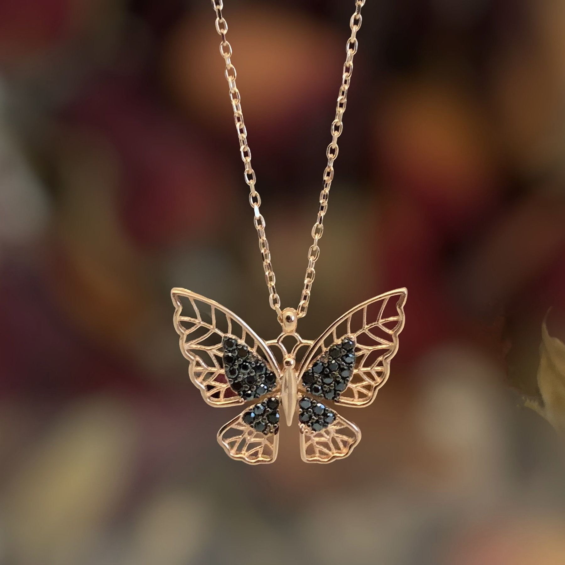 Ciondolo Doppia Farfalla 18K - Oro Rosa/Oro/Argento Con Catena Clavicola 40+5.5 Cm - Foto 2