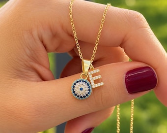Personalized Initial Necklace with Evil Eye Charm, 14K Gold Plated Dainty Letter Necklace, Christmas Gift for Her