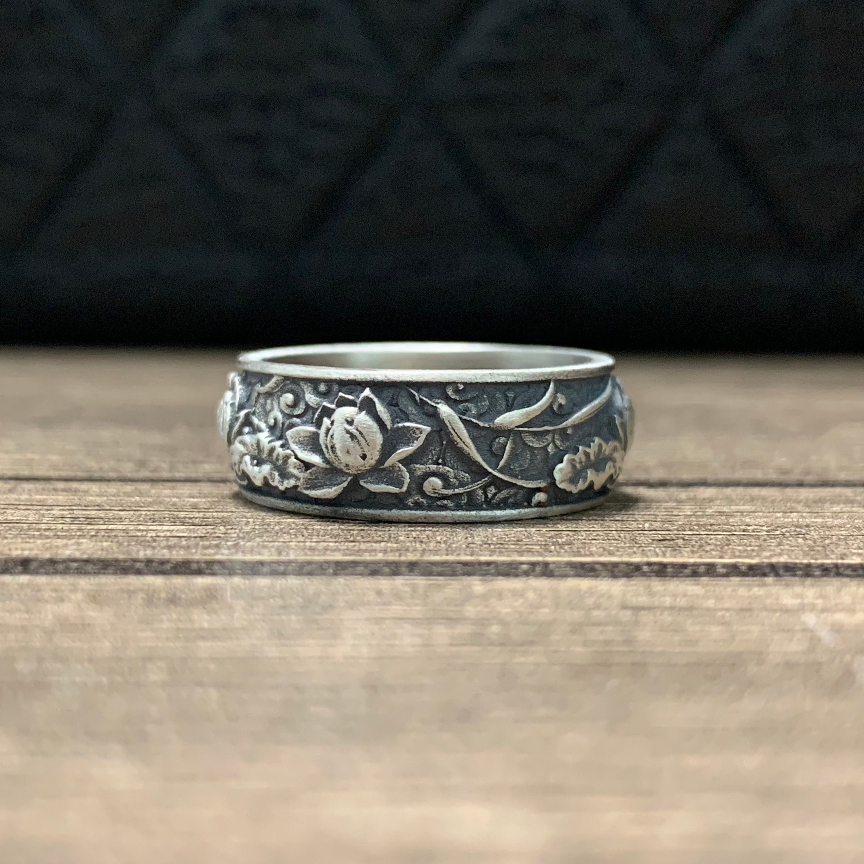 Oxidized Lotus Flower Band Ring, Japanese Kanji Ornamental Wedding