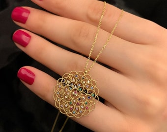 Gold Necklace For Woman, Flower of Life Necklace, 14k Gold Pendant,Zircon Multistone Pink Ruby Turquoise Woman Necklace,Gold Necklace Gift