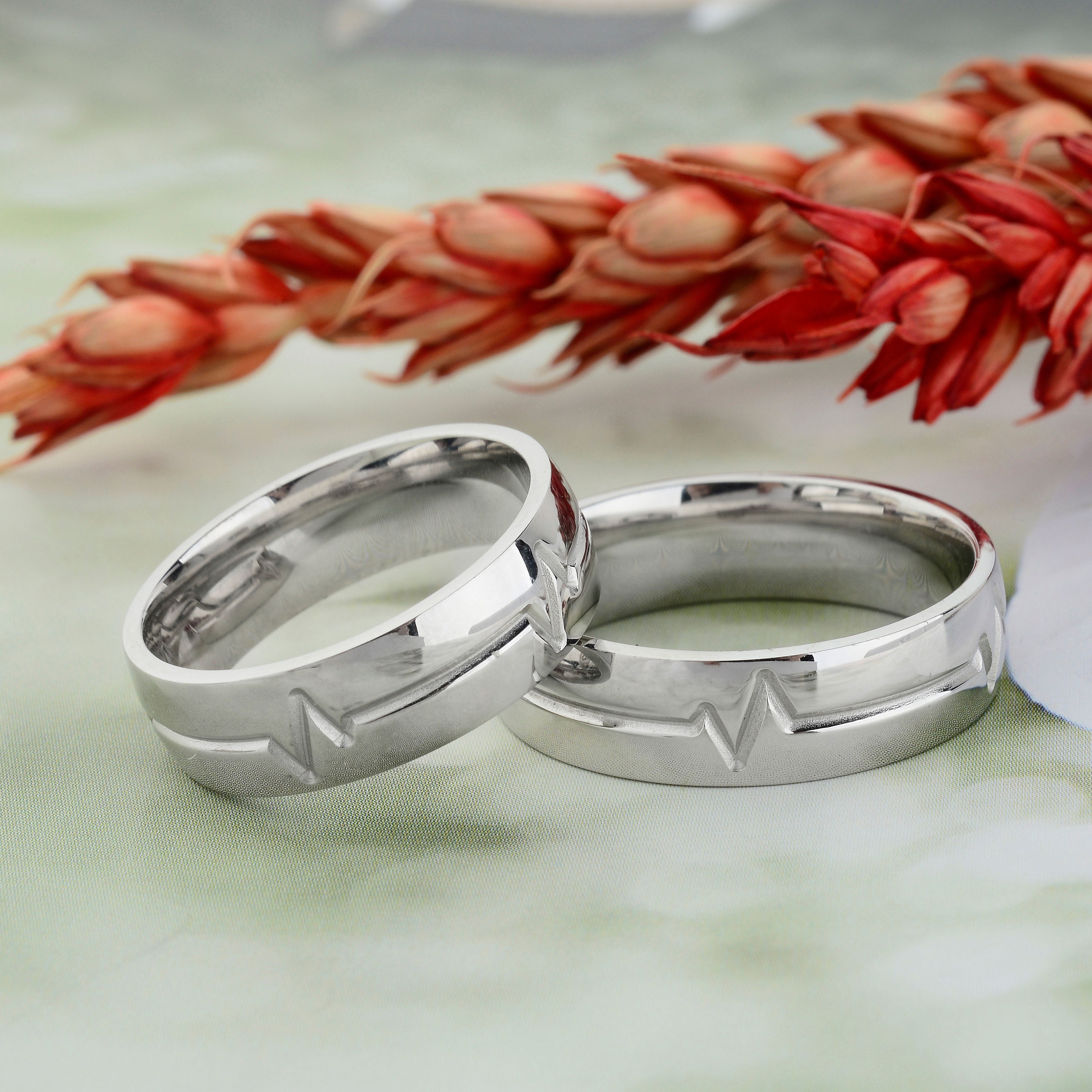 Heartbeat Engagement Ring Wedding Bands Set, Silver Wedding