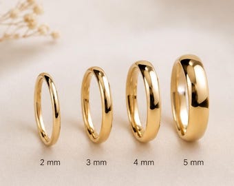 Klassisk kupolformad vigselring i 14k äkta guld, minimalistisk elegant ring, set för honom och henne