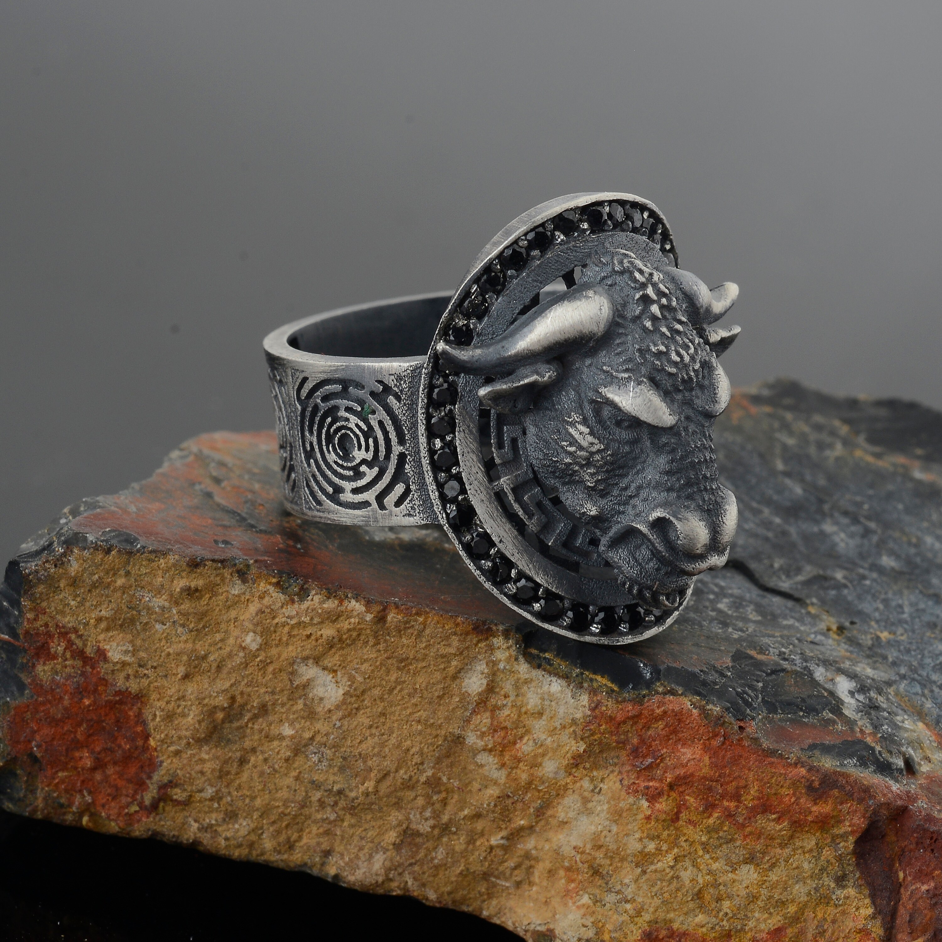 3d Buffalo Head Ring Mens Silver Wild Buffalo Ring Biker Etsy