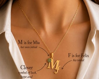 Personalized Gold Initial Necklace with Clover Charm, Handmade Dainty Jewelry
