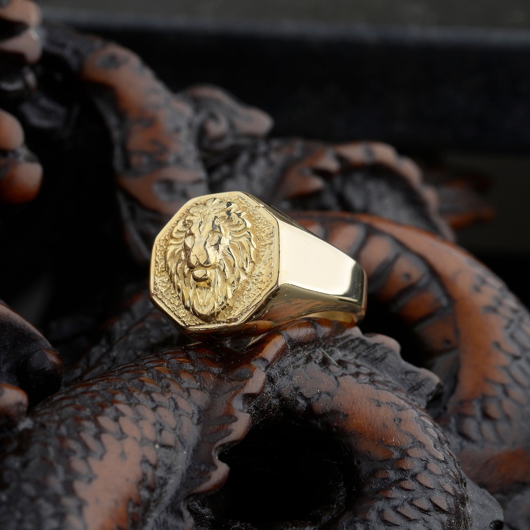10K Gold Lion Signet Mens Ring, Lion Gold Jewelry, Lion Zodiac