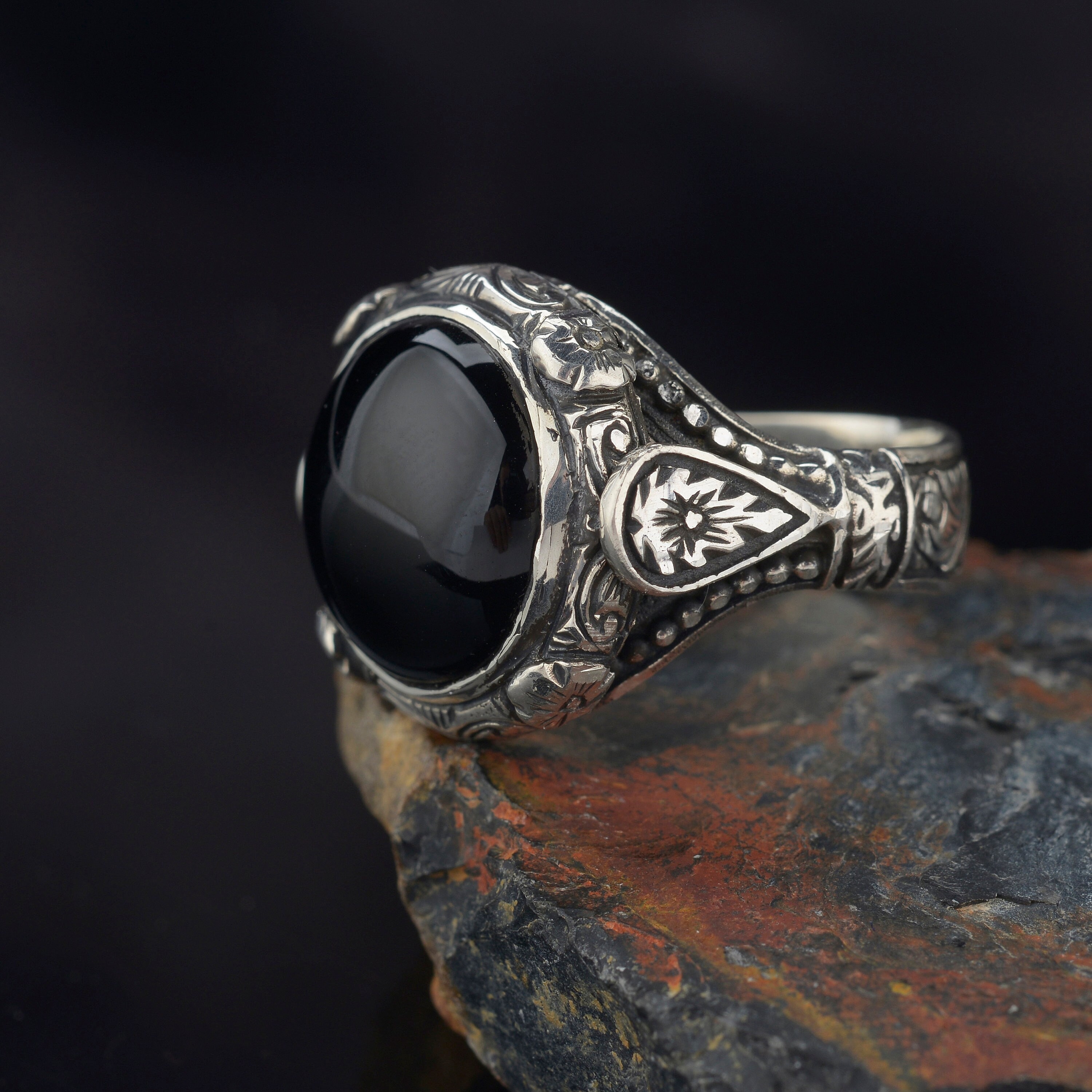 Mens Handmade Ring, Black Onyx Gemstone Ring Men Sterling Silver