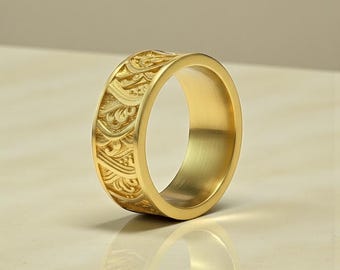 14k Gold Plated Kanagawa Wave Ring: Handmade Japanese Wedding Band,Valentine Day Gift Him