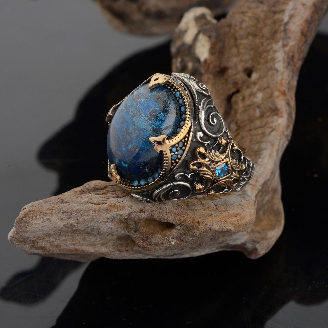 Azurite Gemstone Mens Ring, Sterling Silver Ring for Men, Antique Style ...