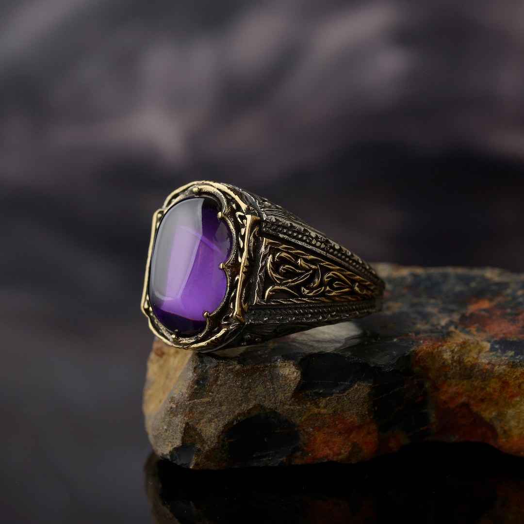Amethyst Man Ring, Gemstone Handmade Mens Ring, Antique Ring Gemstone