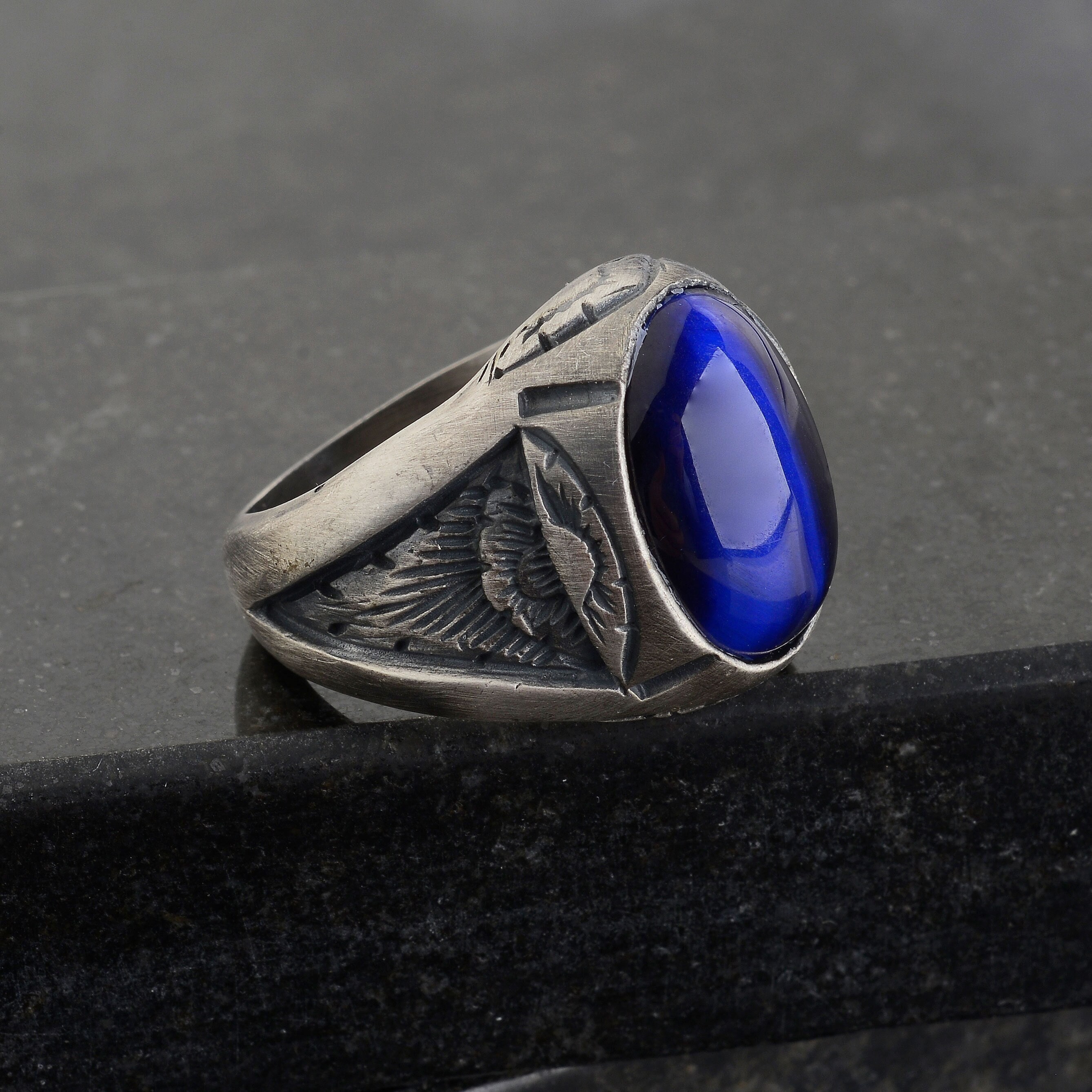 Blue Tiger's Eye Sterling Silver Man Ring ,sapphire Blue Gemstone