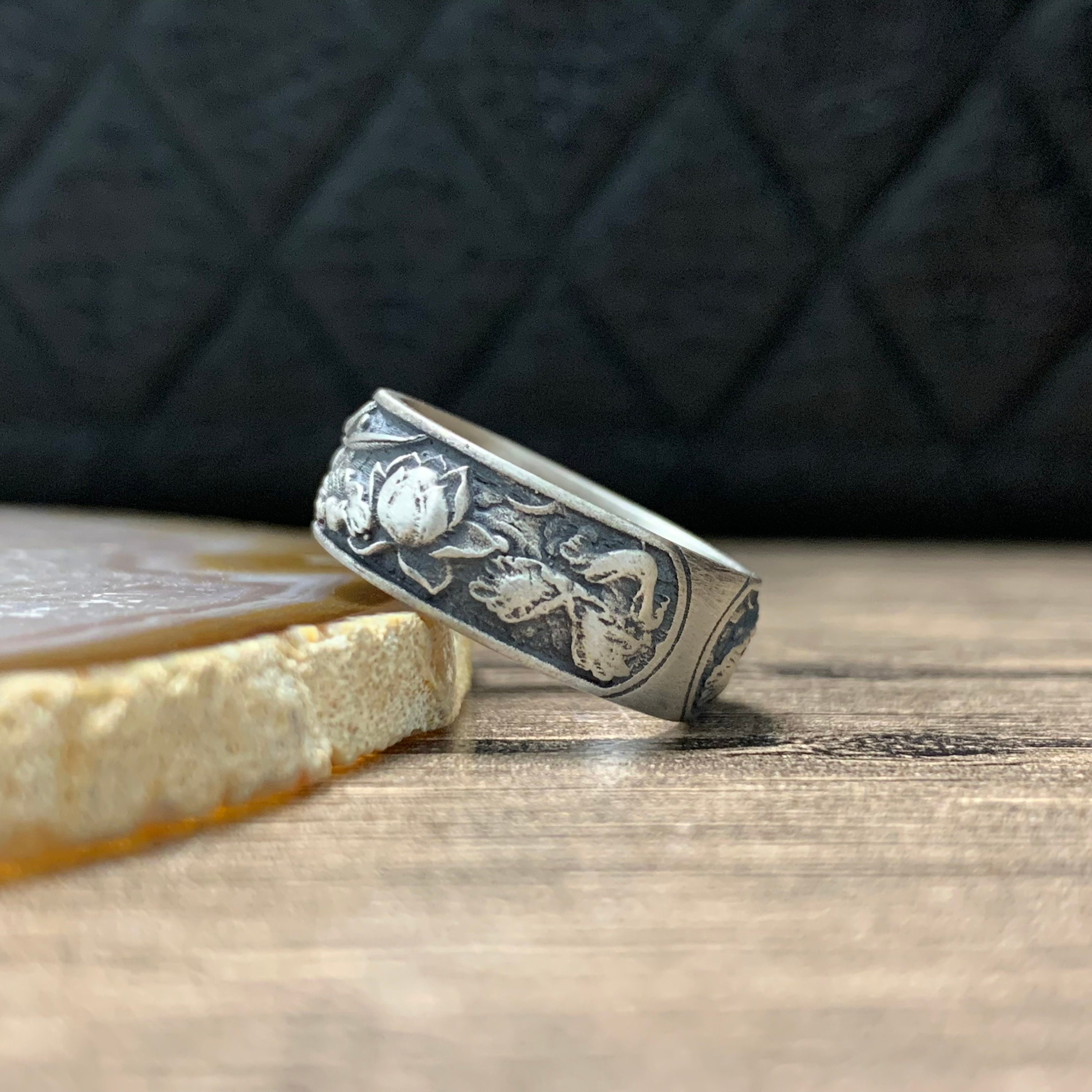 Oxidized Lotus Flower Band Ring, Japanese Kanji Ornamental Wedding