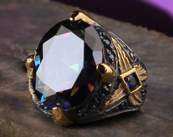Mystical Topaz Sterling Silver Ring, Handmade Mens Vintage Style