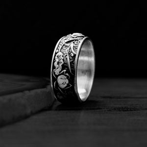 Oxidized Lotus Flower Band Ring, Japanese Kanji Ornamental Wedding Men&#39;s Band, Sterling Silver Nature Ring, Pisces Jewelry