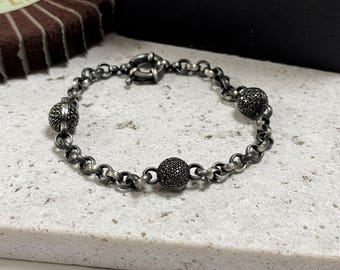 925k Sterling Silver Black Zircon Mens Bracelet, Mens Jewelry