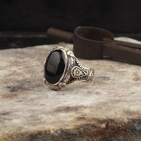 Sterling Silver Handmade Ring, Black Onyx Gemstone Ring Oval Onyx