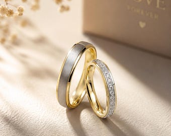 14k Real Gold Two Tone Wedding Band Set, His and Hers Matching Bands