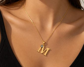 Personalized Initial Evil eye Charm Necklace Gold- Bridesmaid Gift