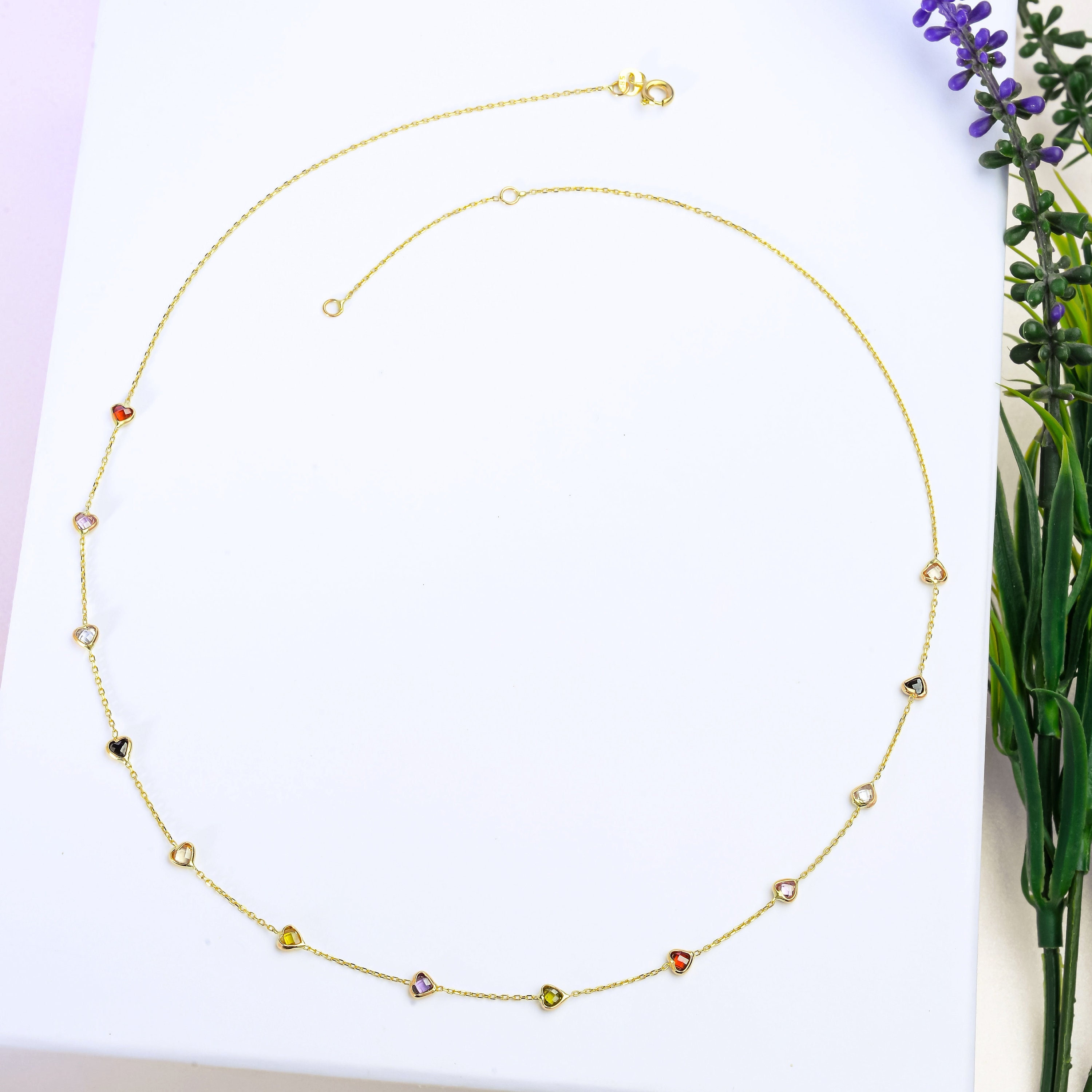 14k Gold Colorful Heart Necklace, Solid Gold Minimal Stone Necklace, Rainbow Necklace, Dainty Crystal Necklace Pendant ,Christmas Jewelry