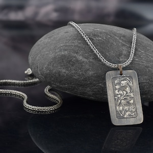 Man Necklace and Chain, Oxidized Man Pendant Necklace, Sterling Silver Engraved Mens Necklace, Men's Wiking Pendant Men Jewelry, Men Gifts