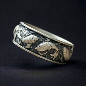 Koi Fish and Lotus Mens Band Ring, Japanese Kanji Ornamental Wedding Men&#39;s Band, Sterling Silver Nature Ring, Pisces Jewelry