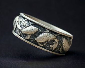 Koi Fish en Lotus Mens Band Ring, Japanse Kanji Sier Bruiloft Heren Band, Sterling Silver Nature Ring, Vissen Sieraden