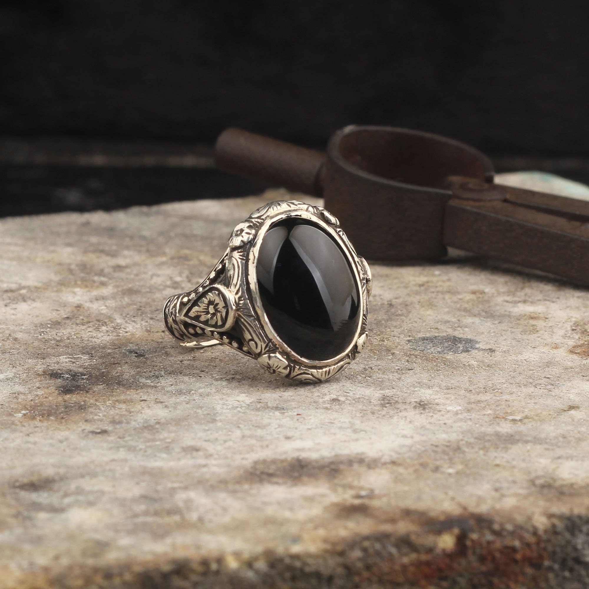 Sterling Silver Handmade Ring, Black Onyx Gemstone Ring Oval Onyx