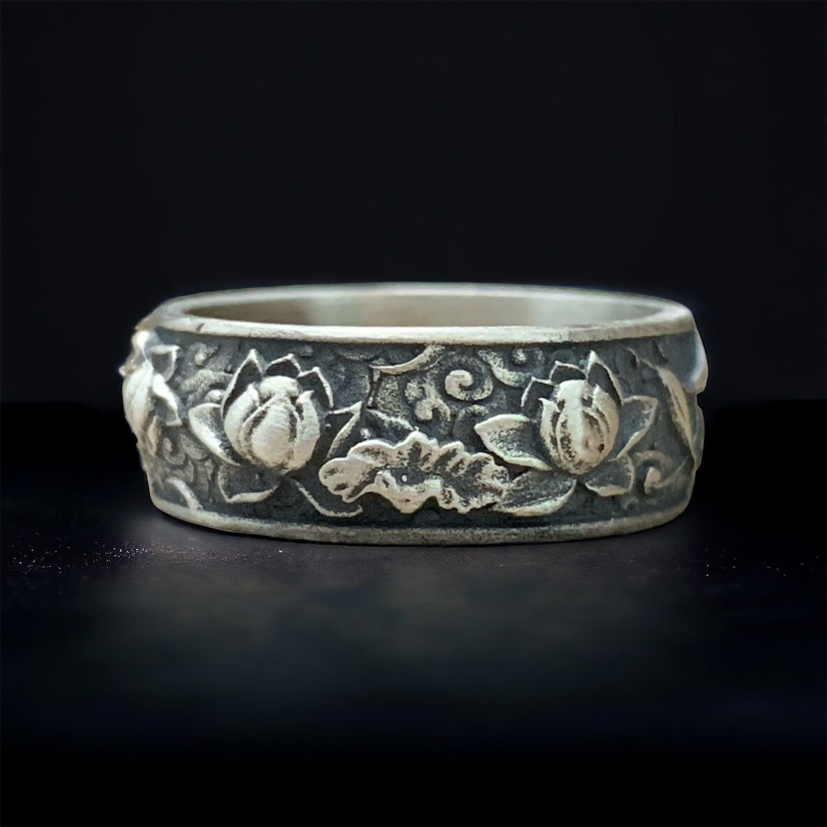 Oxidized Lotus Flower Band Ring, Japanese Kanji Ornamental Wedding