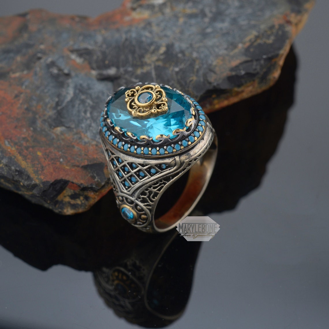 Ocean Blue Topaz Turquoise Mens Ring 925 Silver Handmade Man - Etsy