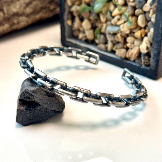 Mens Cuff Bracelet Silver ,Chain Style Oxidized Cuff Bracelets, Silver Bracelet Bangle Sterling Silver Mens Jewelry Bracelet