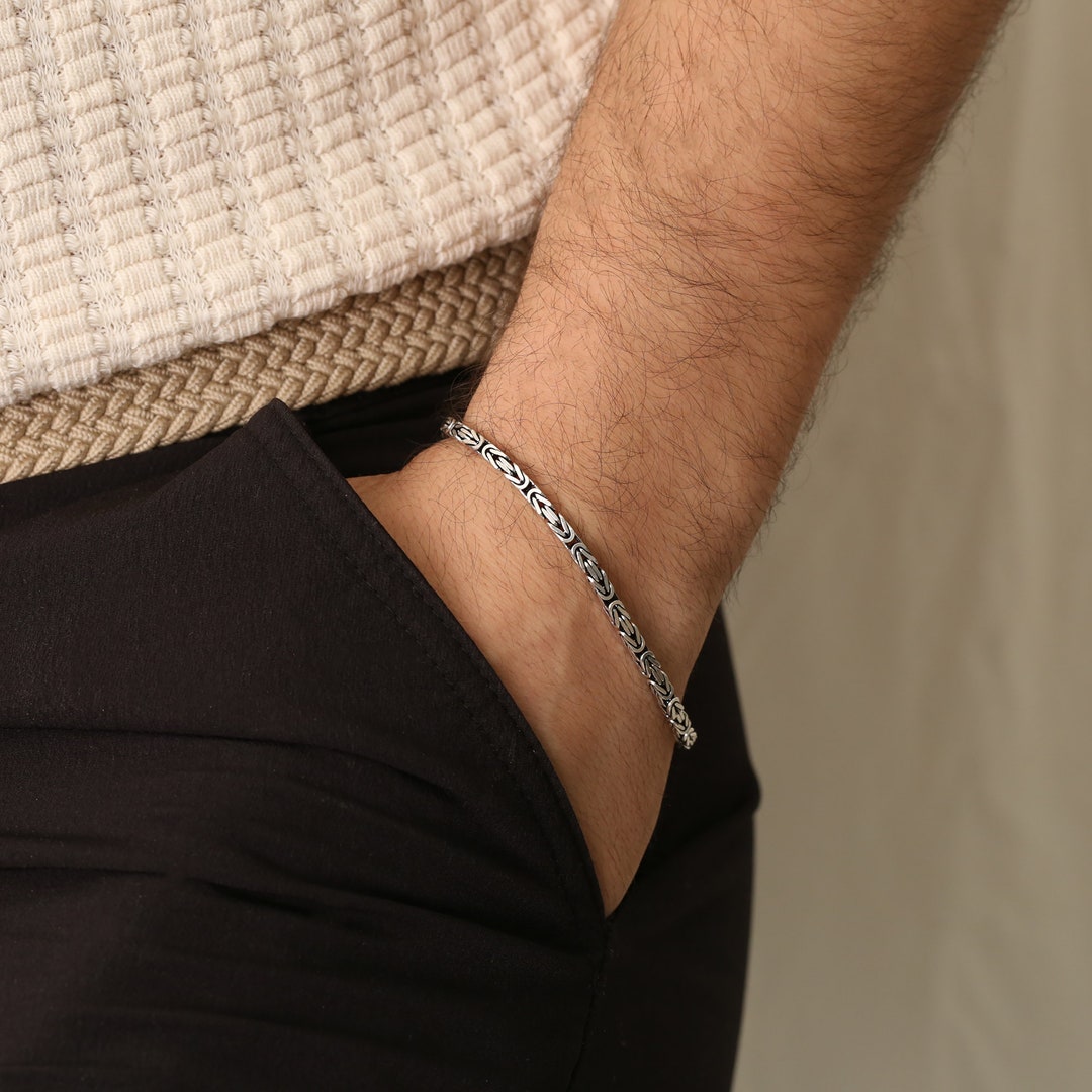 Sterling Silver Mens Bracelet, Square Byzantine Chain Bracelets