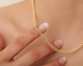14k Solid Gold Chain Necklace, 4,8 mm Flat Chain Necklace, Pure Gold Jewelry , Handmade Jewelry , Unique Chain Necklace, Gift for Her