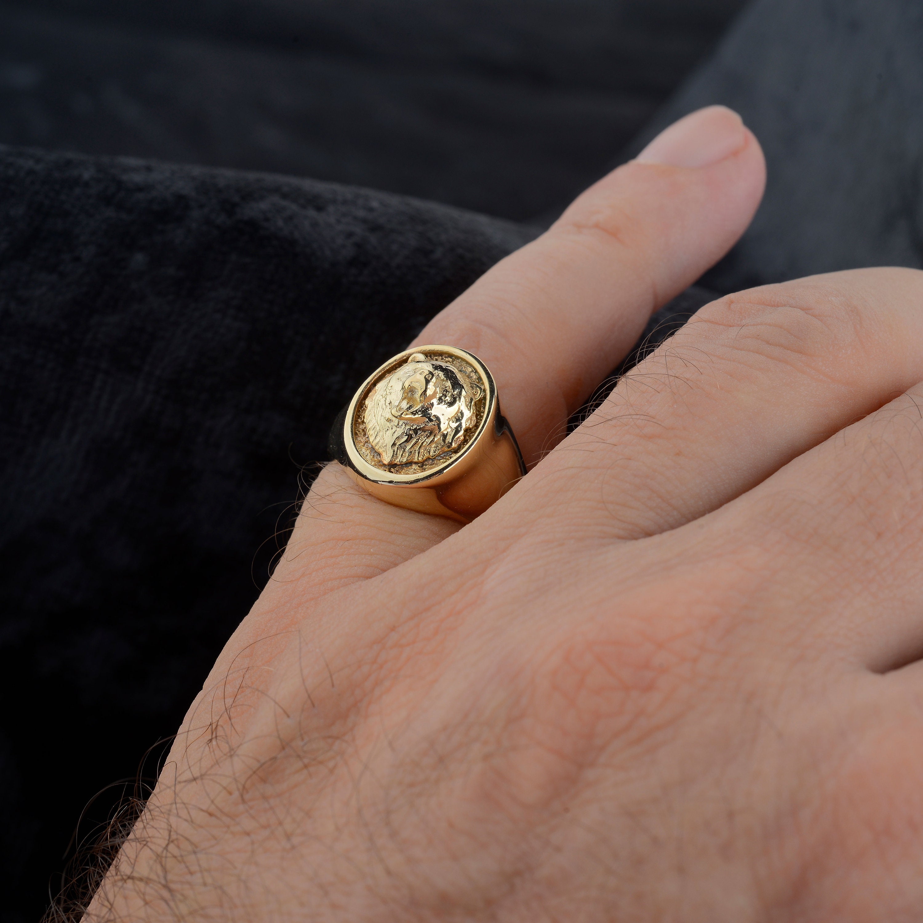 10K Gold Oval Bear Signet Ring: Mens Minimalist Jewelry - Etsy
