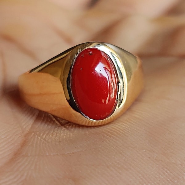 Bague en corail rouge fabriquée à la main, pierre précieuse de forme ovale, bague en argent sterling massif 925, remplissage d'or 22 carats, bijoux faits main, bague de style bohème