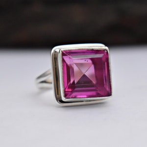 Pink Tourmaline Ring, Beautiful Square Shape Pink Quartz Cut Gemstone Ring, 925 Solid Sterling Silver, Engraved Ring, Yellow Gold Fill Ring