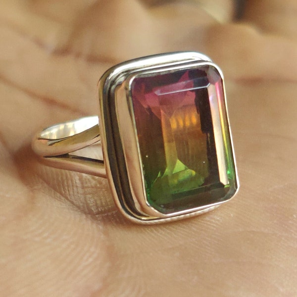Women's Boho Watermelon Tourmaline Ring, 925 Solid Sterling Silver Ring, Multicolor Tourmaline Quartz Ring, Handmade Jewelry, Gift for Her