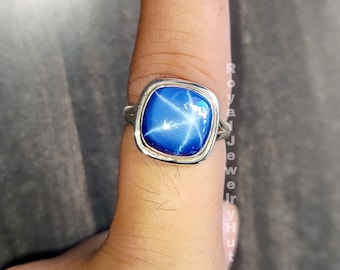 Blue Sapphire Ring, Ring for Women, 925 Solid Sterling Silver Ring, Star Sapphire Ring, Cushion Shape Gemstone Ring, Sapphire Jewelry