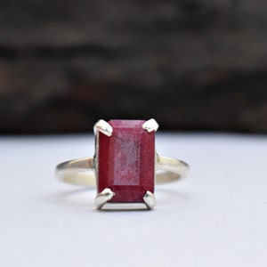 Natural Red Ruby Ring, Engagement Ring, Stacking Ring, Birthstone Ring, Red Ruby Gemstone Ring, 925 Sterling Silver, Emerald Cut Ring