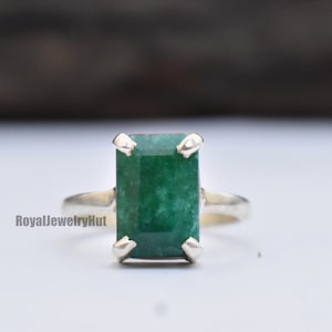 Emerald 925 Solid Sterling Silver Ring, Cushion Cut Green Emerald Quartz Gemstone Ring, 22K Yellow Gold Fill Ring