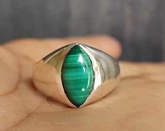 Mystical Green Genuine Malachite Gemstone Ring, 925 Sterling Silver, Handmade Jewelry, Signet Ring for Men Women, Gemstone Ring, Gift Ring