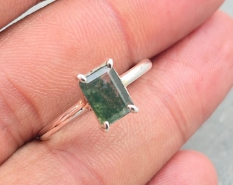 Natural Moss Agate Minimalist Ring: 925 Solid Sterling Silver Gemstone Ring