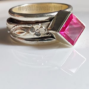 925 Sterling Solid Silver Spinner Rings, Pink Tourmaline Spinner, Silver Band Spinner Ring, Worry Meditation Ring Anniversary Gift Ring