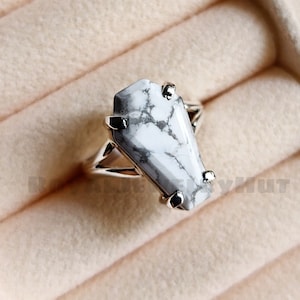 Howlite Ring, Coffin Ring, 925 Sterling Silver Ring, Natural Gemstone, White Black Ring, Men&#39;s Women&#39;s Ring, Statement Ring-Handmade Jewelry