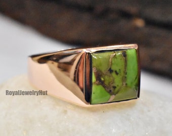 Turquoise Ring, Mens Ring, Green Copper Turquoise Ring, 925 Solid Sterling Silver Ring, 22k Gold Fill, Signet Ring, Gift Ring
