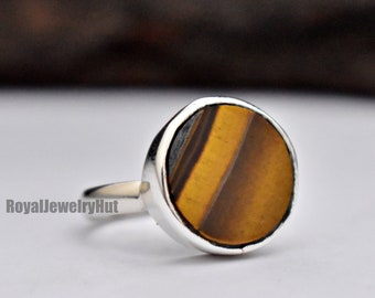 Tiger Eye Ring, Women Ring, Mens Ring, 925 Solid Sterling Silver Ring, Round Shape Gemstone Ring, Handmade Ring, Gift Ring